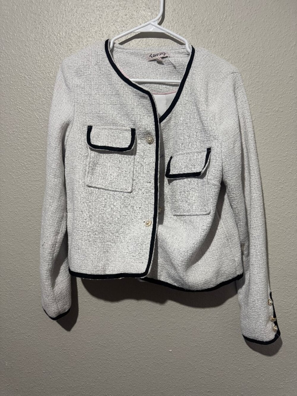 Nanette Nanette Lepore White Bouclé-Textured Jacket Black Trim Pearl Buttons M